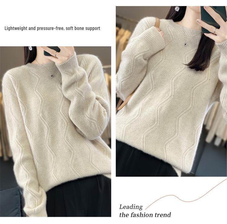 Women's Thickened Autumn-Winter Cable Knit Wool Sweater – Round Neck Cashmere Pullover.