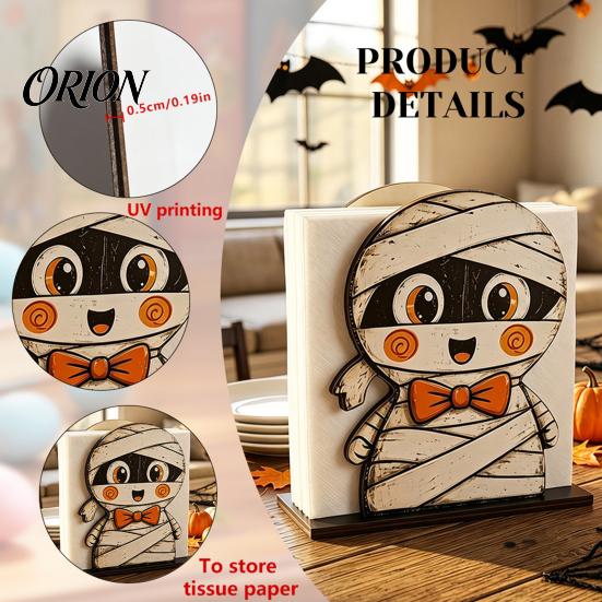 Solid Wood Napkin Rack Halloween Wooden Holder, Ghost Mummy Pumpkin Gothic Holder Rustic Tabletop Tissue Dispenser for Farmhouse Dining Table
