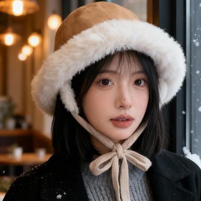 1pc Winter Warm Fleece Bucket Hats for Women,Rolled Brim Faux Fur Cloche Hat with Fleece Lining,suitable for Outdoor Activities