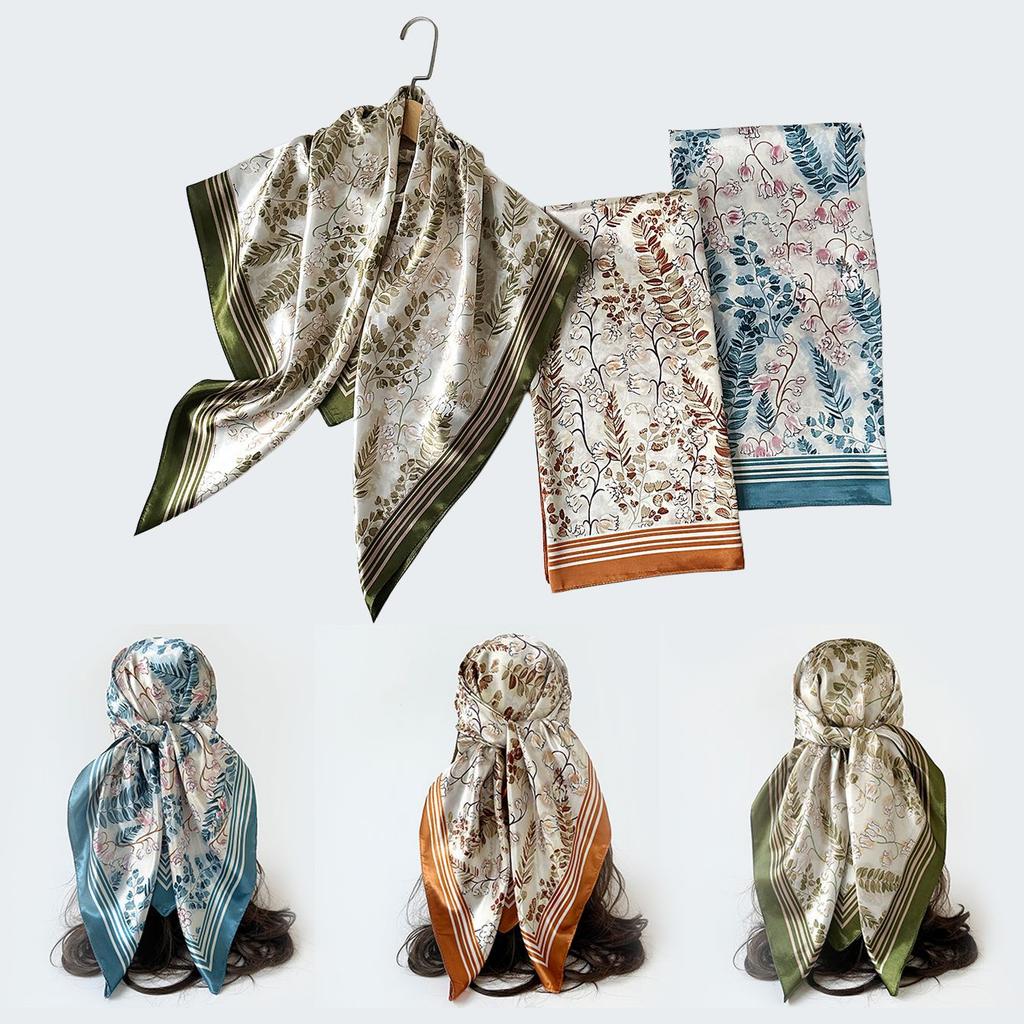 90cm Large Square Scarf Silk Scarf Headband Flower Printing Scarf Scarf Satin Square Scarf for Women