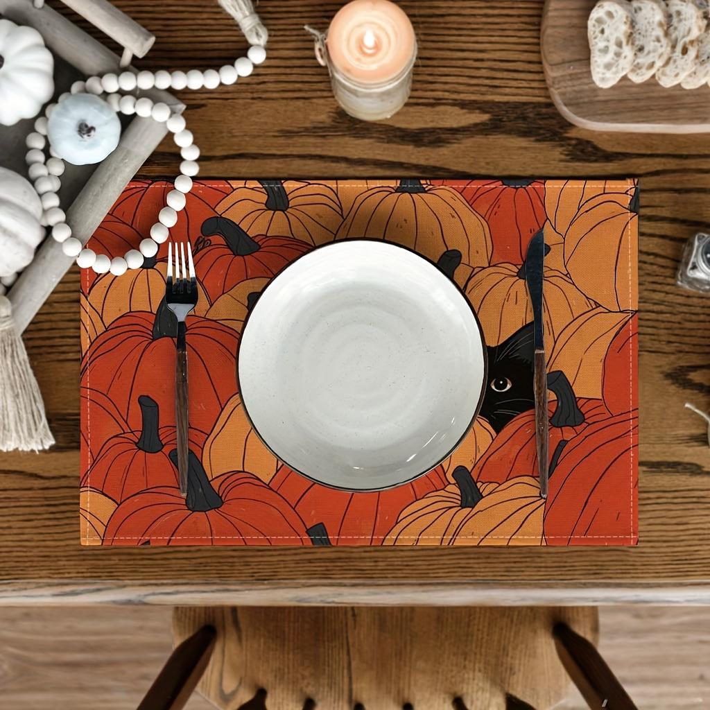 4/6pcs Set Black Cat In Pumpkin Patch Placemats, Seasonal Holiday Decor Suitable for Home Kitchen Dining Indoor Outdoor Use
