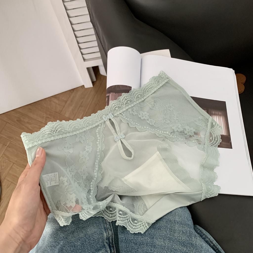 Ladies Summer Light Luxury Satin Hollow Lace Hip Ice Silk Quick Dry Middle Waist Triangle Briefs