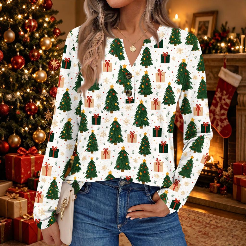 Women's Christmas Printed Long Sleeve Shirt, Casual Holiday Top