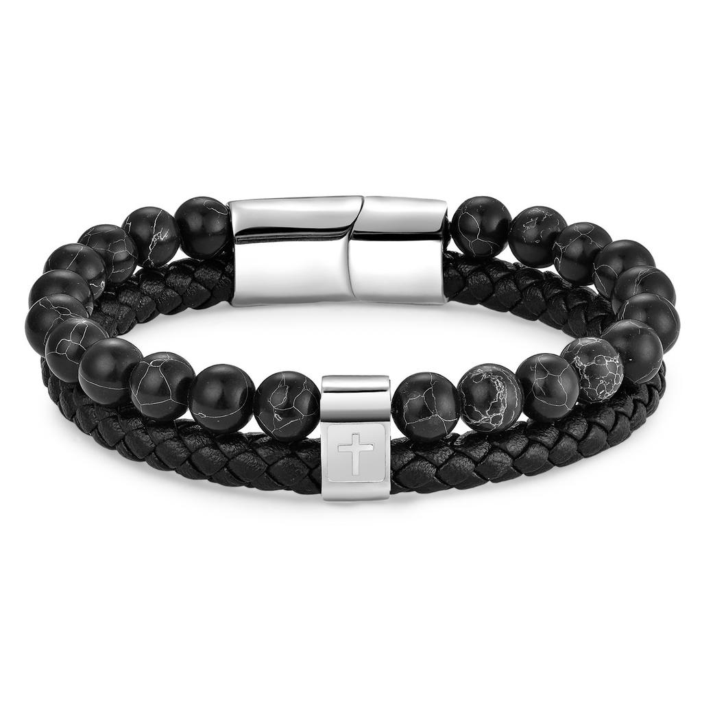 Leather Rope Cowhide Men's Cross Leather Woven Bracelet Natural Stone Multi-layer Leather Bracelet