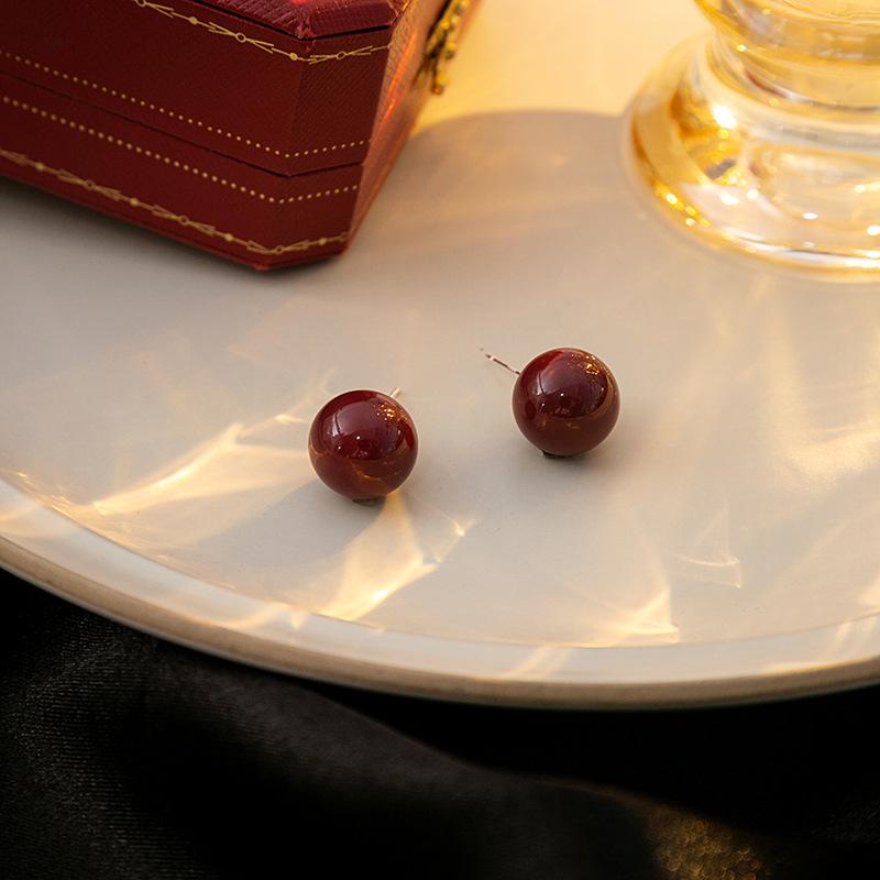 Red Imitation Pearl Earrings, Geometric Round Niche Personalized Earrings, Light Luxury Temperament, High-End Earrings For Women