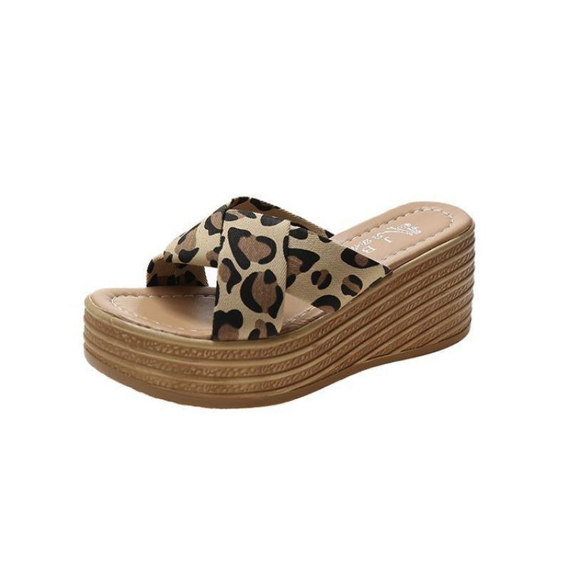 Wearing Wedge Heels Slippers Women's Shoes Summer New Leopard Print Muffin One-word Drag Thick-soled Beach Cool Slippers