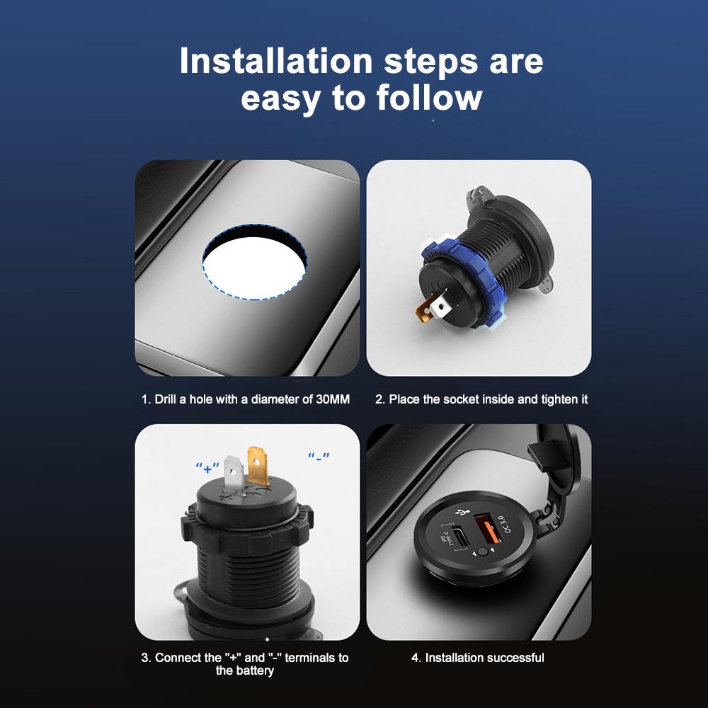 Dual USB Ports Outlet 12/24V with Button Switch 40W QC3.0 & PD3.0 USB-C Car Charger Socket for RV Motorcycle Marine Truck