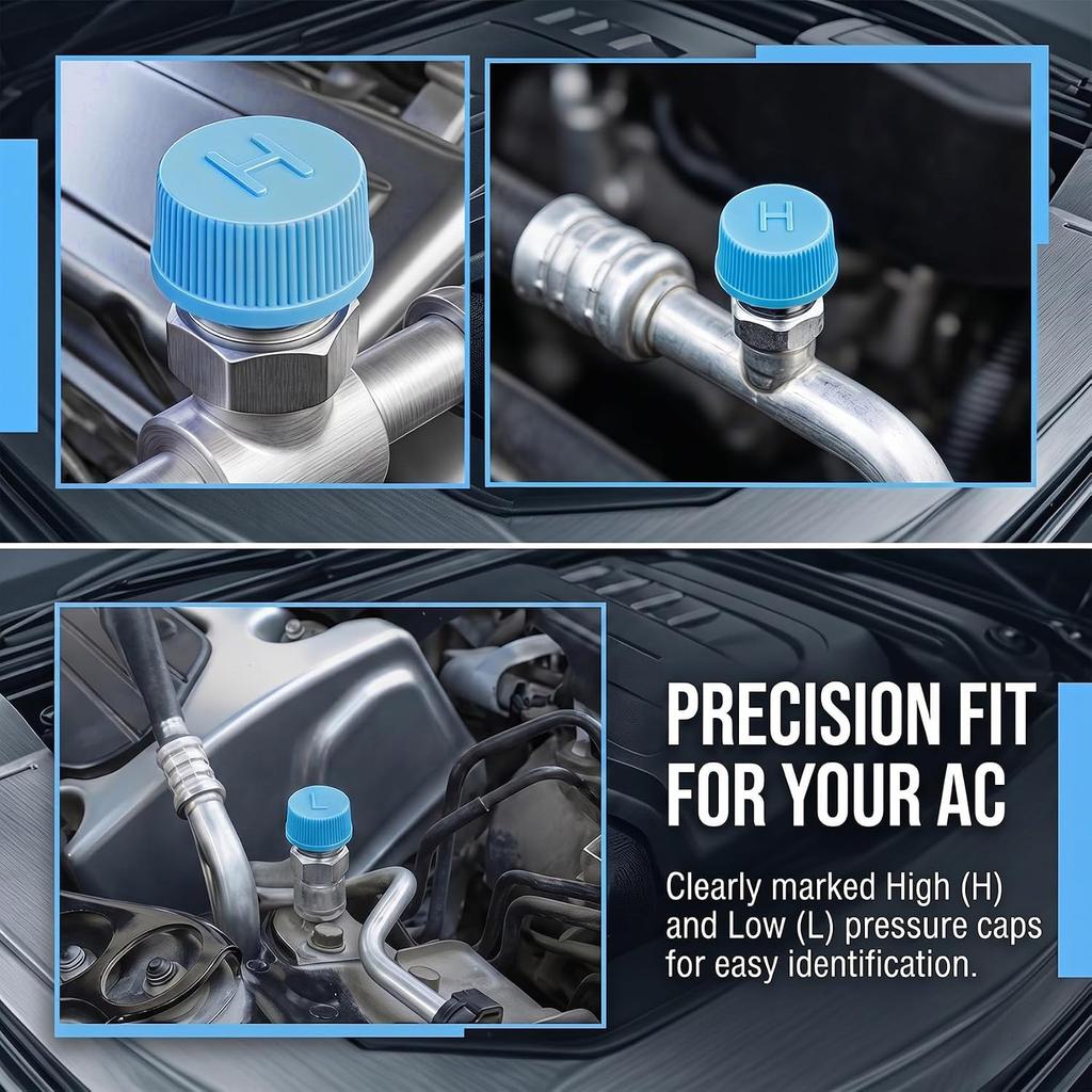4pcs Replacement Car A/C Valve Core Caps, Blue | Leakproof R134a Air Conditioning System Service Port Caps, High Low Side Pressure Valve Cap Set for
