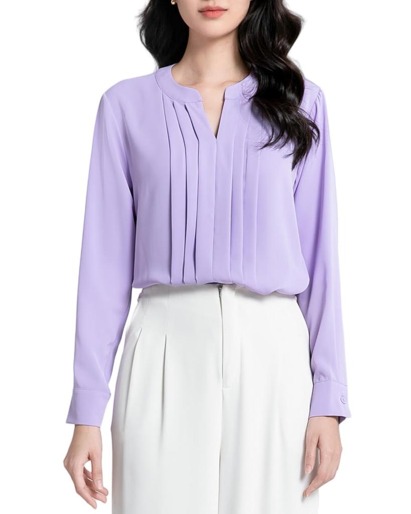 SPRING SEAON Long Sleeve Chiffon Blouse with Tucked Loose Plus Sizes Suitable for Size M Women's V-Neck Detail, Fit, Available, Suits, Office,