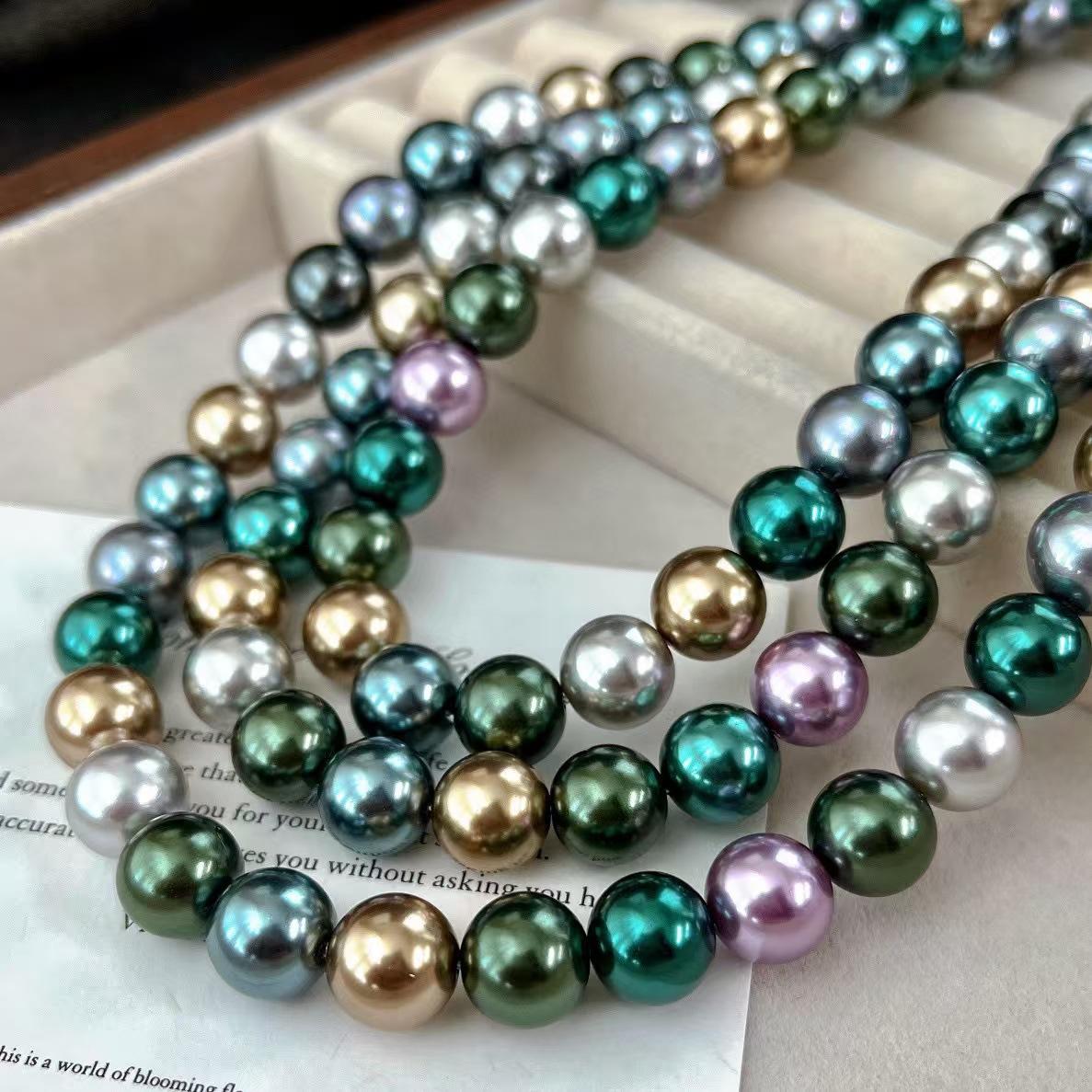 

10M Retro Colorful Tahitian Green And Blue Morandi Color Mixed Color Shijia Pearl Necklace Sweater Chain