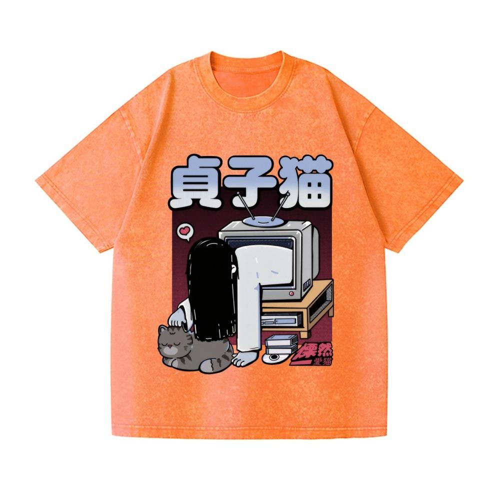 T-shirt Uomo Design Giapponese Lavaggio Vintage Gatto Sadako Oversize Estiva Manica Corta Girocollo Harajuku T-shirt Sportive Abbigliamento Uomo