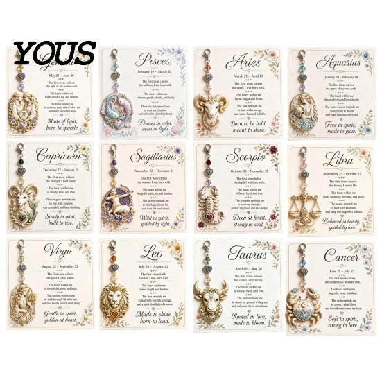 Zodiac Sign Bag Charm 12 Keychain with Keepsake Card, Star Card Pendant, Backpack Handbag Purse Charm, Inspirational Gift for Men Women Heart