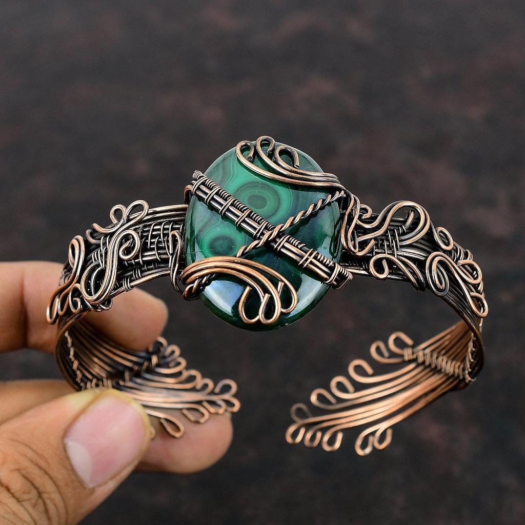 Malachite Cuff Bracelet Copper Wire Wrapped Bangle Adjustable Bangle Handmade Jewelry Gemstone Bracelet Antique Copper Jewelry Wedding Gift