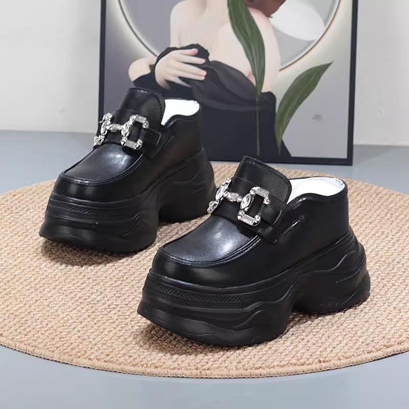 Fashion 12CM Leather Platform Wedge Slippers Round Toe Breathable Slip On Pumps Synthetic Mary Jane Flats Fashion Shoes