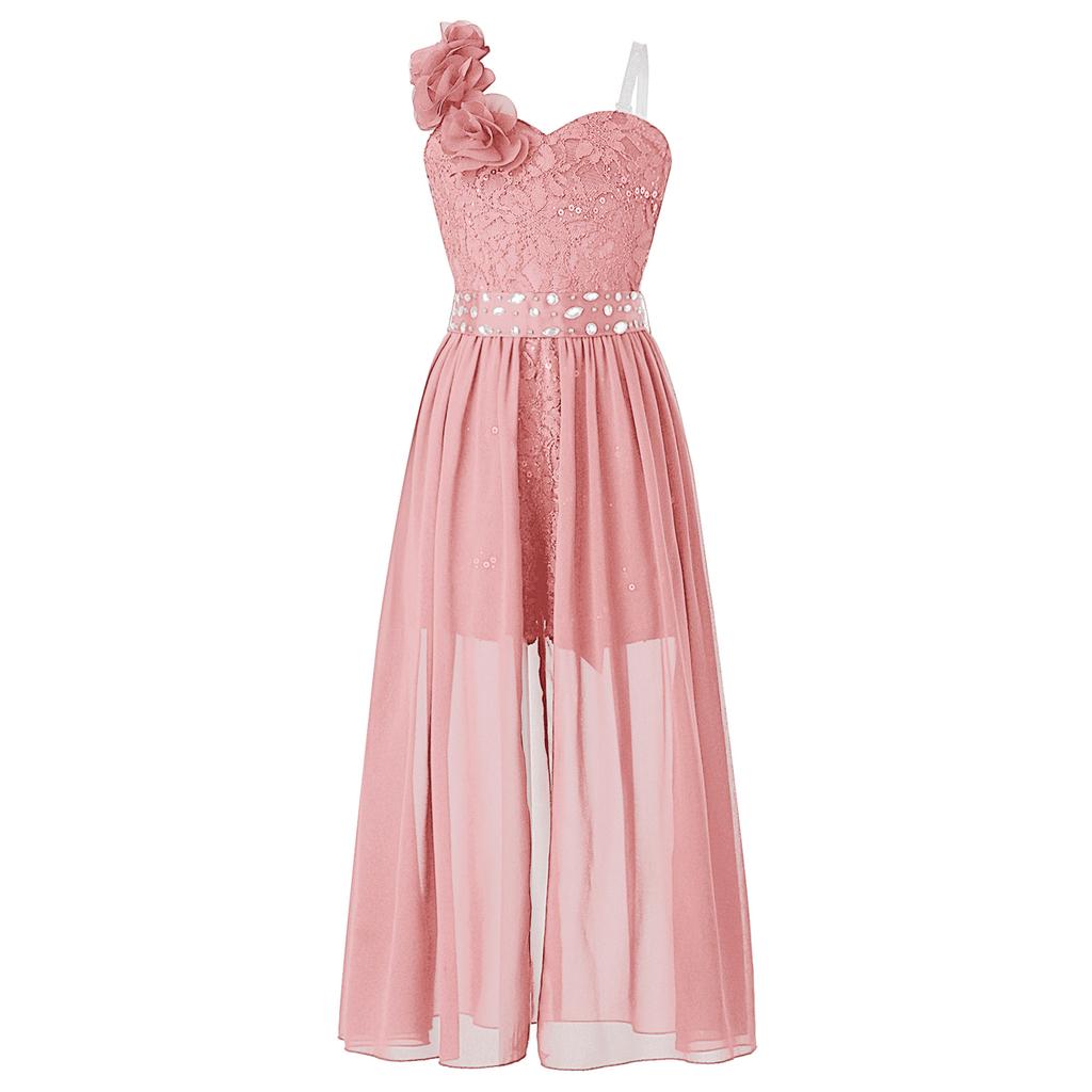 Vestito da Festa con Applicazione Brillante di Perline per Ragazze Tuta con Pizzo e Paillettes Romper con Sovrapposizione in Chiffon Vestito per Compleanno e Ballo di Fine Anno