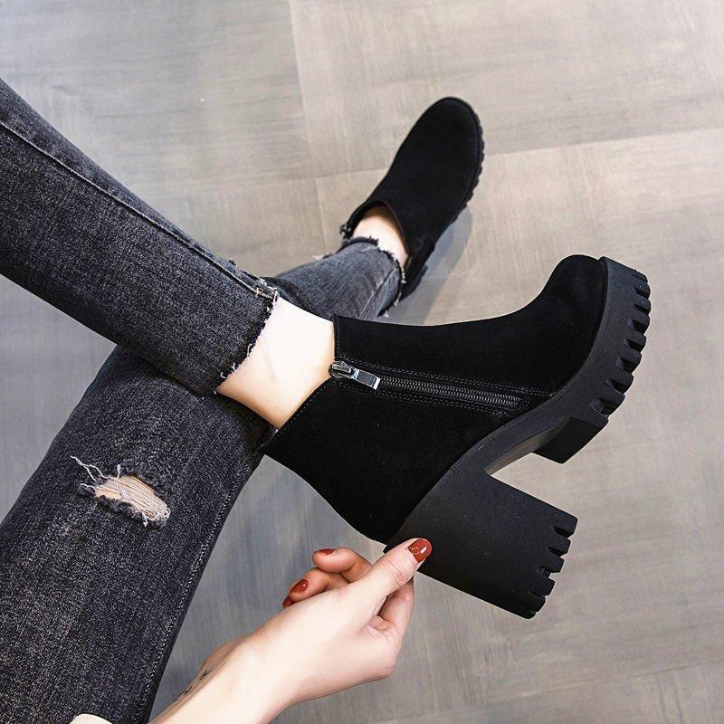 Women's High-Heel Boots, Chunky Heel Boots for Fall/Winter, Fleece-Lined Thick-Sole British-Style Short Boots