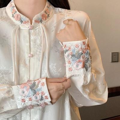 Stehkragen Bestickte Blumen Cardigan Hemd Für Damen Frühling Design Hemd Locker Langärmelig Chinesischer Stil