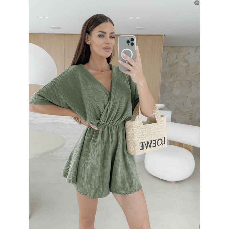 Solid Color Jumpsuit Summer V-neck Fashion Casual Waist Hugging Solid Jumpsuit Women