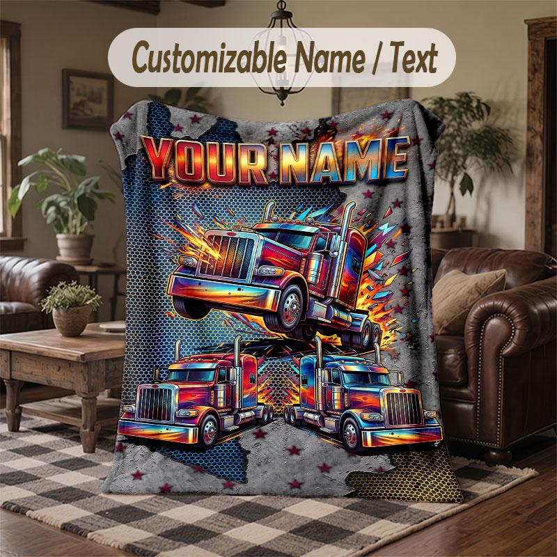 Truck Theme Throw Blanket Custom Name Text Personalized Blanket Soft Cozy Blanket for Home Sofa Bed