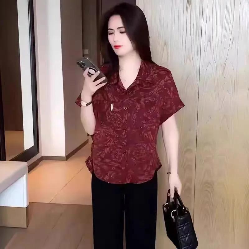 

Summer Elegant Women s Brown Printed Shirt Breathable V Neck Top M красный