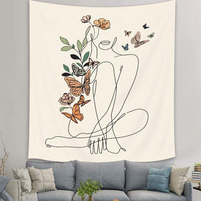 Abstract Woman Tapestry Aesthetic Boho Home Decor Butterfly Fabric Wall Hanging Modern Flower Plant Bedroom Office Decoration