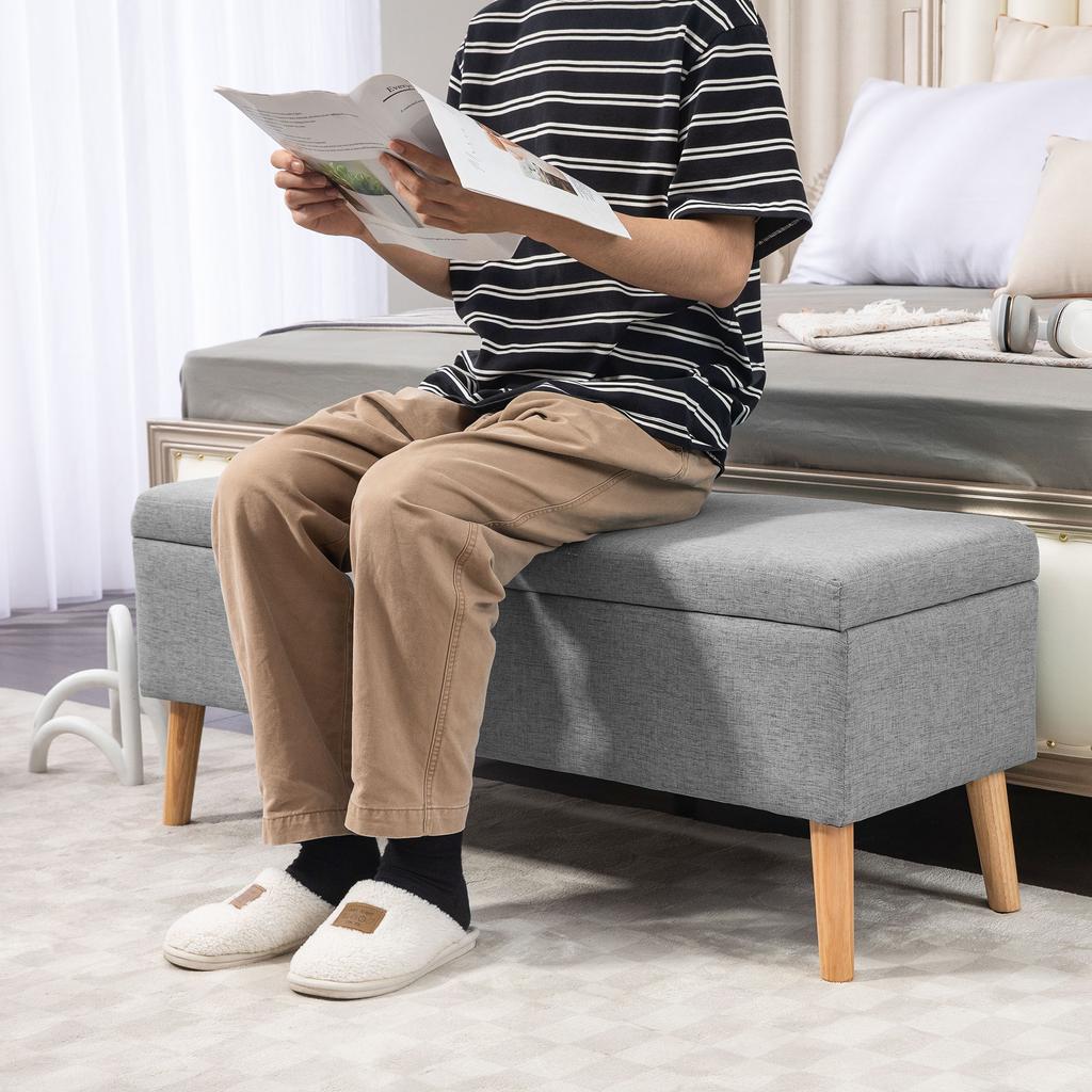 Upholstered Bench With Storage Space Linen Look Fabric Rubber Wood Legs Up To 220 Kg 110x39x45cm Gray