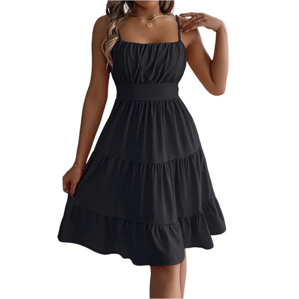 Women's Fashionable Solid Color Square Neck Sleeveless Camisole Layered Pleated Dress