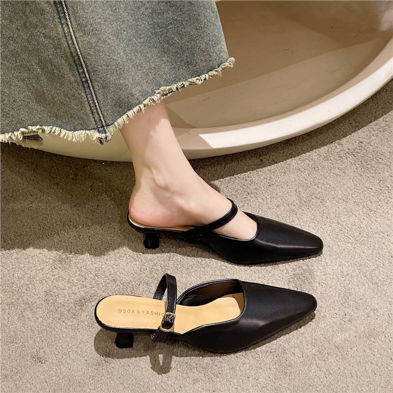 

High heels women s summer 2025 new French bag head one-word strap sandals pointed heels versatile outer slippers 40 чорний