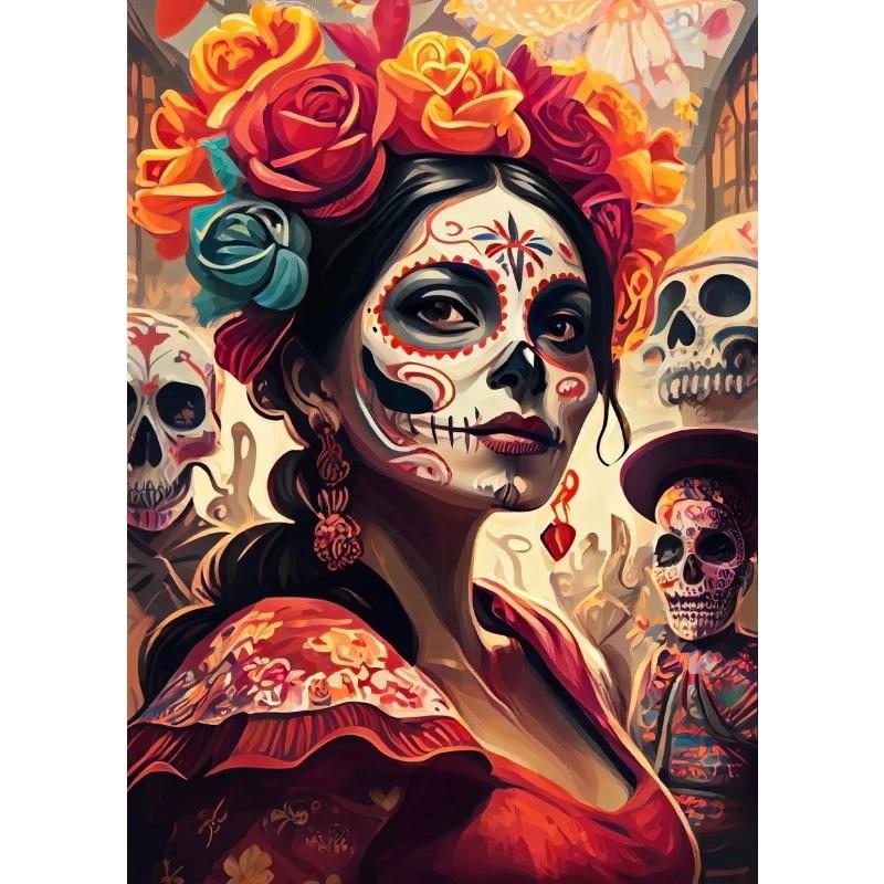 Day of The Dead Flowers and Beauty Skull Posters Prints Woman Halloween Canvas Painting Abstract Wall Art Picture Decoration
