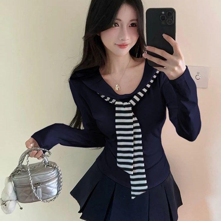 

Plus Size Striped Navy Collar Long Sleeve Women s Cropped Top - Autumn Flattering & Slimming Design S (60-80 lbs) Темно-синій