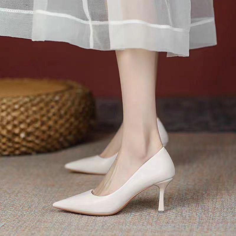 Comfortable Four-Season Leather Stiletto and Block Heel Stewardess Work Shoes for Women