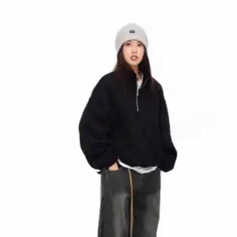 

Американский свитшот-пуловер на молнии со стойкой воротником, ретро, свободный, уличный, спортивный, парный, верхняя одежда M чёрный