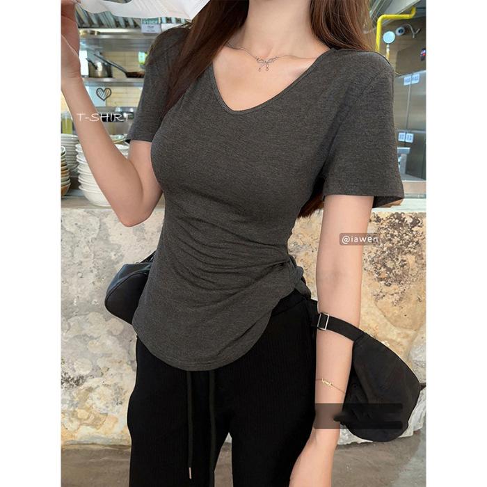 

Pure desire style slim-fitting front shoulder V-neck short-sleeved T-shirt women s summer new irregular waist thin gray versatile top S темно-серого