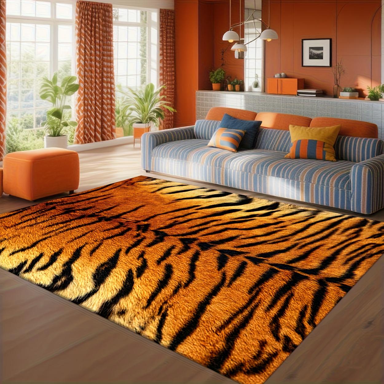 

2D Digital Printed Mat - Modern Orange & Black Tiger Stripe Design, Machine Washable Large Area Mat for Living Room, Bedroom, Office, Cafe 160cm x 200cm