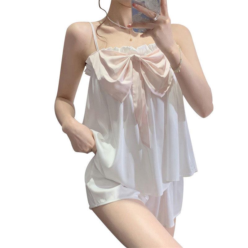 Summer Loungewear Pajamas Women'S Simple Big Bow Cool Ice Silk Suspender Shorts Set