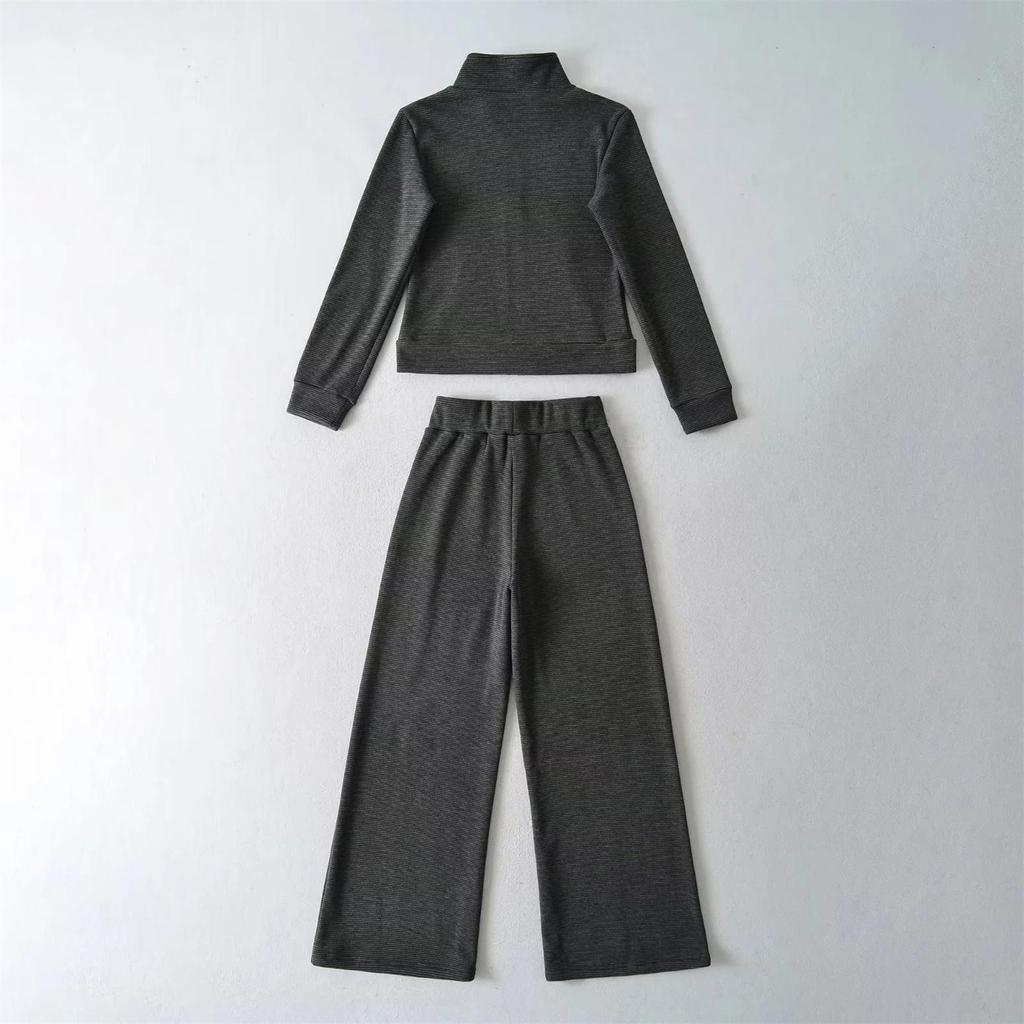 Women's Autumn Stand Collar Hoodie Set with Striped Velvet Wide-Leg Pants