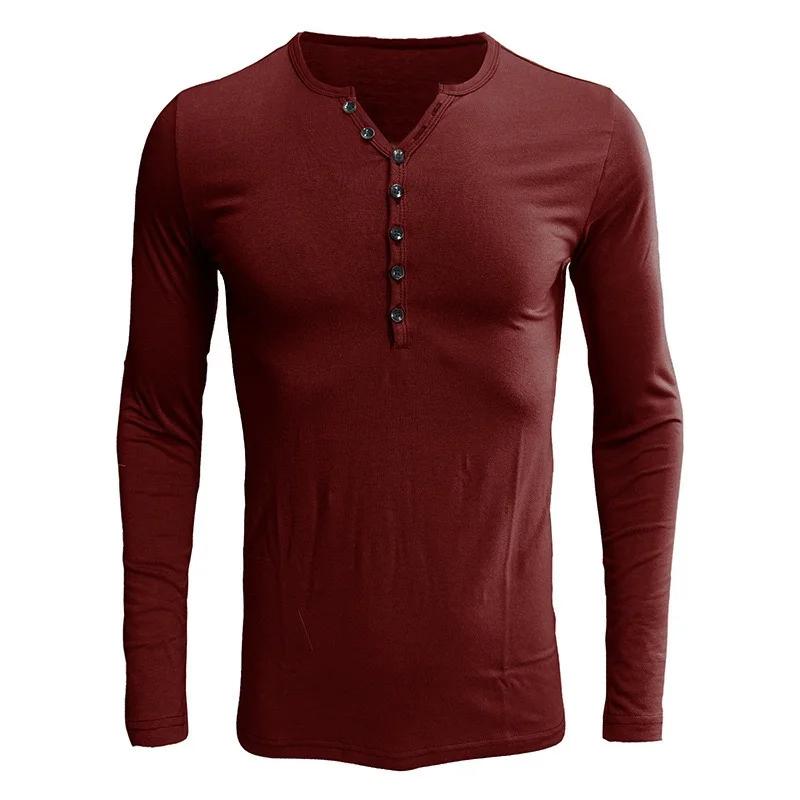 Herren Henley-Kragen Langarm-T-Shirt Unifarben Slim Fit Knopfleiste Lässiges Unterhemd Trendige Oberteile