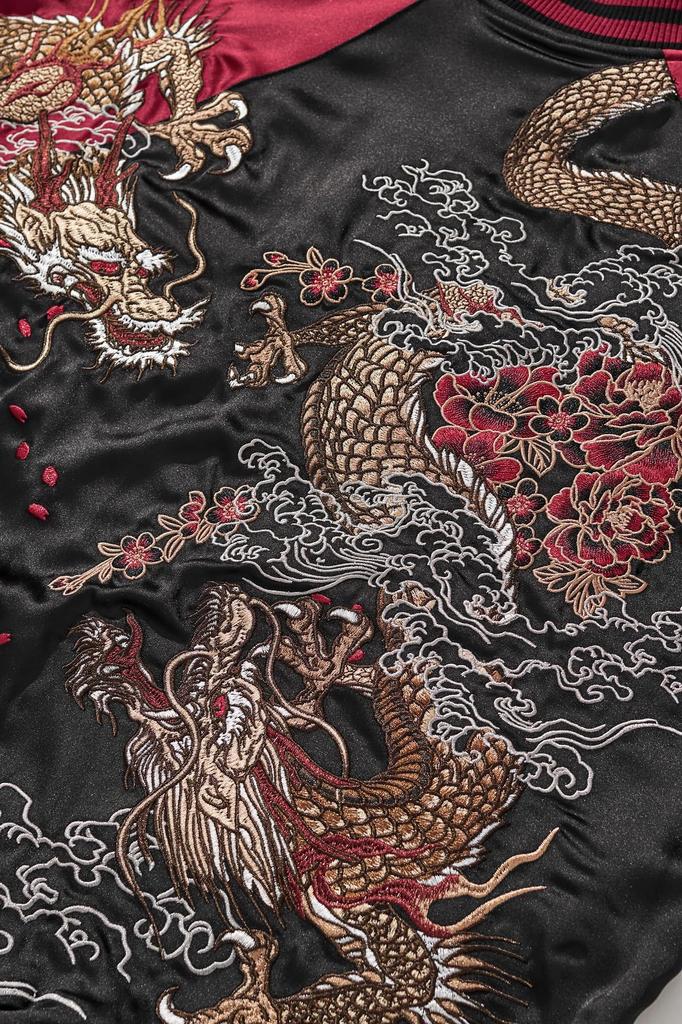 East Rain Sukajan Jacket with Double Dragon and Peony Japanese Yokosuka All FUN226 Pattern, Red, Style, Unisex, Outerwear, Fall/Winter, Seasons,