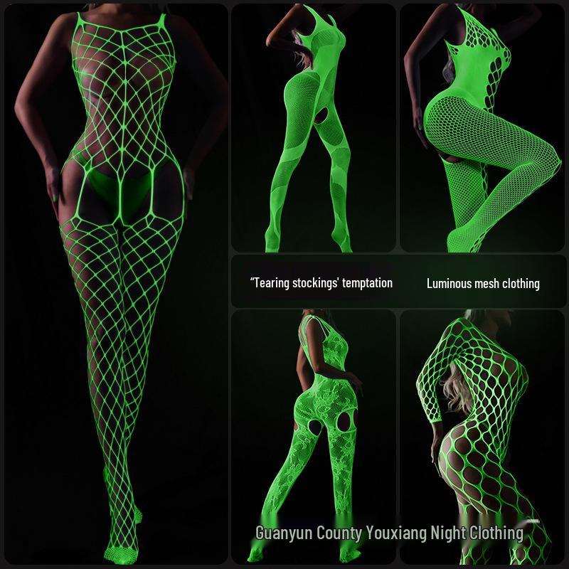 Linlinting Plus Size Glow-in-the-Dark Fishnet Bodystocking with Luminous Bandeau and Socks