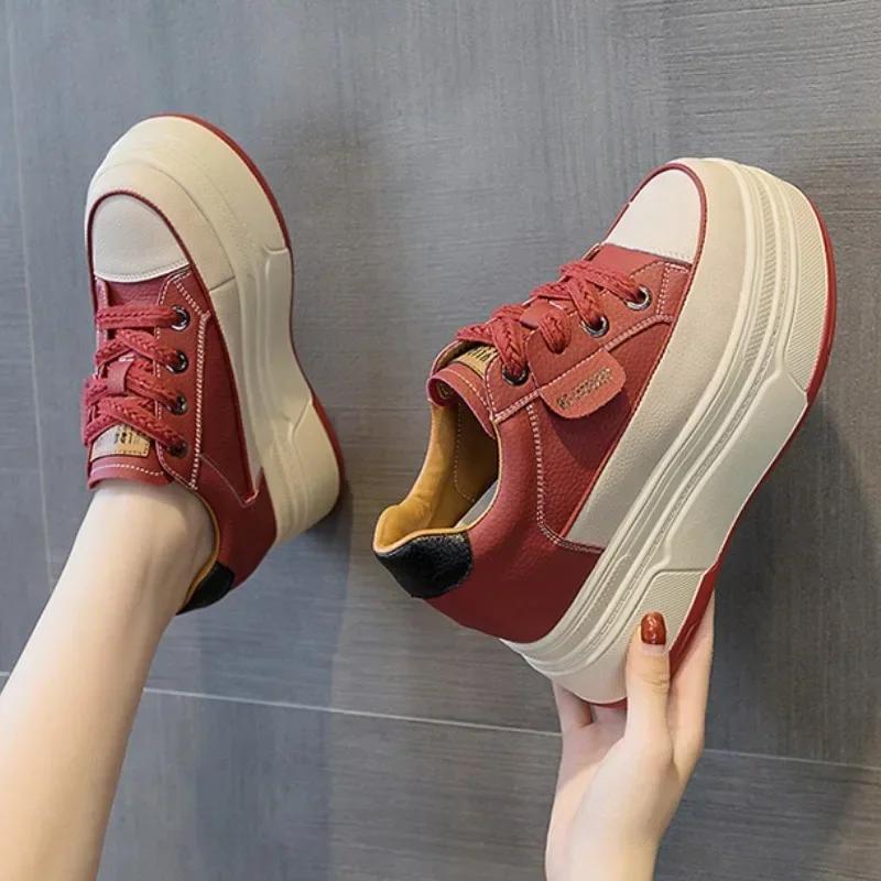 Fashion Retro 9cm Cow Suede Genuine Leather Women Vulcanized Shoes Platform Wedge Skate Boarding High Brand Heels Casual Stable Shoes