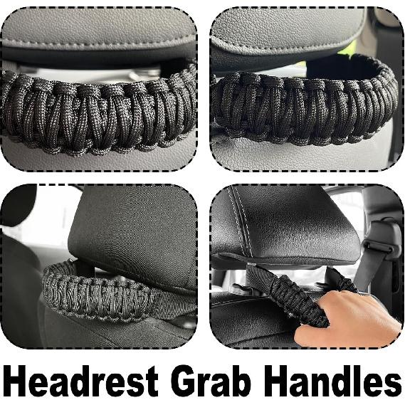 Paracord Headrest Grab Handles for Jeep Tacoma Bronco,Heavy-Duty Back Seat Grab Handles (Black)