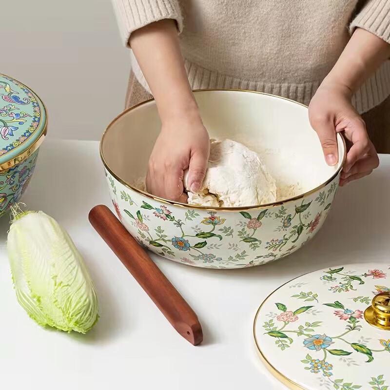 Ningzhao 26cm Enamel Dough Proofing Bowl with Floral Lid