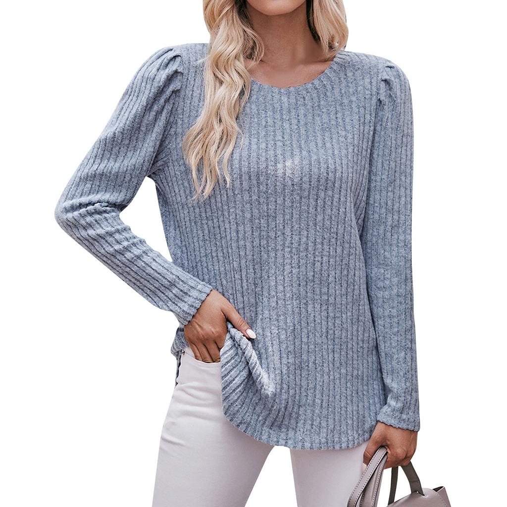 Women's Winter Tops Long Sleeve T-Shirt Round Neck Solid Color Fashion Button Tops