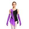 Kids Girls Latin Dance Figure Skating Leotard Sleeveless Mesh Patchwork Shiny Rhinestone Color Block with 1 Pair Gloves Competition Stage Performance