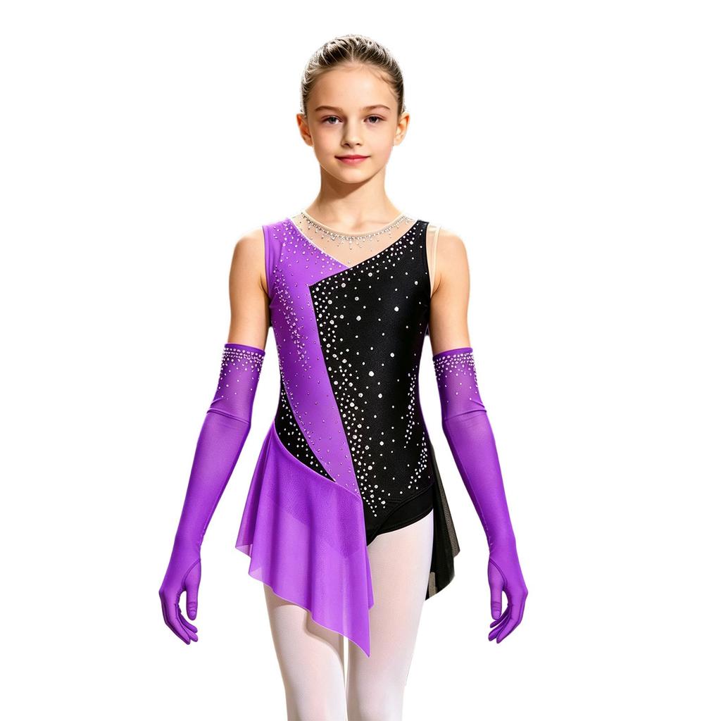 Kids Girls Latin Dance Figure Skating Leotard Sleeveless Mesh Patchwork Shiny Rhinestone Color Block with 1 Pair Gloves Competition Stage Performance