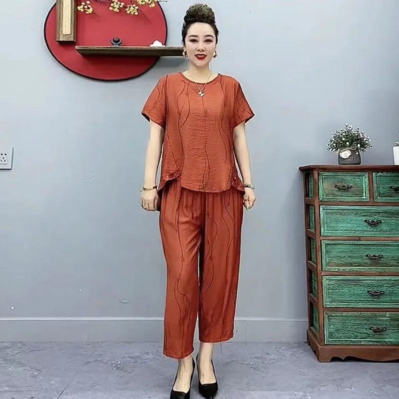 Letnie Bawełniano-Lniane Garnitury dla Kobiet w Średnim Wieku Luźne Zagraniczne Koszulki z Krótkim Rękawem Moda dla Matki w Średnim Wieku Codzienne Ubrania