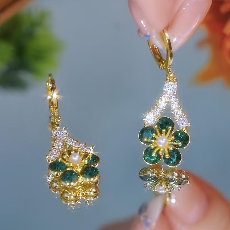 Elegant Green Cubic Zirconia Flower Dangle Earrings, Fashion Alloy Jewelry for Women, Synthetic Zirconia, No Plating, Perfect for Parties & Gifts