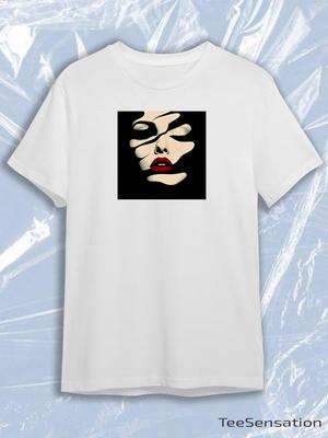 TeeSensation White Crew Neck Short Sleeve T-Shirt with Abstract Female Face Red Lips Art Print