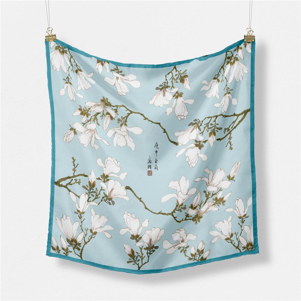 53Cm Twill Silk Scarf Woman Chinese Painting Square Scarves Wraps Bandana Small Hijab Silk Foulards Tie Headband Neckerchief