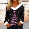 Top casual alla moda da donna a maniche lunghe con stampa natalizia e colletto in flanella